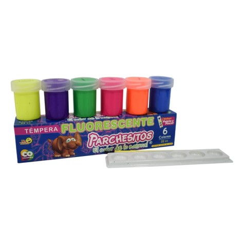 PARCHESITOS TEMPERA DE 6 COLORES NEON 22CC CON PALETA Y PINCEL P66641